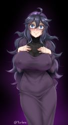 Rule 34 | 1girl, @ @, ahoge, alternate breast size, bags under eyes, blue eyes, blush, breasts, closed mouth, covered erect nipples, creatures (company), game freak, hairband, hex maniac (pokemon), large breasts, long hair, looking at viewer, messy hair, nintendo, pale skin, pokemon, pokemon xy, purple hair, purple hairband, ribbed sweater, shiny skin, solo, standing, sweat, sweater, twrlare, wavy mouth