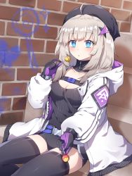 Rule 34 | 1girl, :o, aa-12 (girls&#039; frontline), ahoge, black hat, black shorts, black sweater, black thighhighs, blue eyes, blush, breasts, brick wall, buckle, candy, cleavage, collarbone, commentary, detached collar, food, girls&#039; frontline, gloves, grey hair, hair ornament, hat, highres, holding, holding candy, holding food, holding lollipop, hood, hood down, hooded jacket, jacket, kaoling, lollipop, long hair, long sleeves, looking at viewer, medium breasts, parted lips, puffy long sleeves, puffy sleeves, purple gloves, ribbed sweater, short shorts, shorts, sitting, sitting on stairs, snap-fit buckle, solo, stairs, star (symbol), star hair ornament, sweater, thighhighs, turtleneck, turtleneck sweater, white jacket