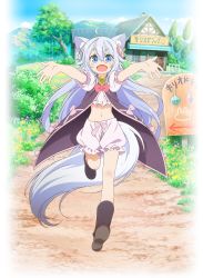 Rule 34 | 1girl, animal ear fluff, animal ears, blue eyes, boots, cheat kusushi no slow life, dog girl, fox ears, highres, long hair, looking at viewer, neck bell, noela (cheat kusushi no slow life), official art, running, silver hair, solo, thigh boots, thighhighs