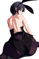 Rule 34 | 1girl, :o, animal ears, ass, bare back, bare shoulders, black hair, black leotard, black pantyhose, blush, breasts, detached collar, fake animal ears, from behind, grey eyes, hairband, highres, leotard, looking back, matsunaga kouyou, original, pantyhose, parted lips, playboy bunny, profile, rabbit ears, shiny clothes, short hair, sideboob, simple background, sitting, small breasts, solo, unzipped, wariza, white background