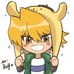 Rule 34 | 1boy, blonde hair, blush stickers, brown eyes, chibi, clenched hands, cosplay, green jacket, grin, hands up, happy, jacket, jonouchi katsuya, long sleeves, male focus, medium hair, pompompurin, pompompurin (cosplay), sanrio, shirt, simple background, smile, solo, sparkle, tt (joesther3), upper body, white background, white shirt, yu-gi-oh!, yu-gi-oh! duel monsters