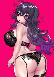 Rule 34 | 1girl, absurdres, ahoge, arched back, ass, back, black bra, black panties, blush, bra, breasts, crawling dreams, curvy, food, food in mouth, garter straps, highres, huge breasts, large breasts, lingerie, long hair, looking at viewer, looking to the side, magenta background, messy hair, multicolored hair, nyarla (osiimi), osiimi, panties, pink background, pocky, purple eyes, purple hair, simple background, thick thighs, thighs, underwear, undressing, wide hips
