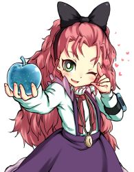 Rule 34 | 1girl, ;d, bow, crystal, crystal apple, duel disk, green eyes, hair bow, heart, highres, hochun mieru, one eye closed, open mouth, pocket watch, red hair, simple background, skirt, smile, solo, suspender skirt, suspenders, topia, watch, white background, yu-gi-oh!, yu-gi-oh! arc-v