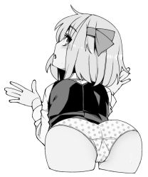Rule 34 | 1girl, ass, bad id, bad twitter id, bent over, blush, bow, cowboy shot, cropped legs, from behind, greyscale, hair bow, long sleeves, looking at viewer, looking back, monochrome, open mouth, panties, polka dot, polka dot panties, profile, rumia, shamo (koumakantv), shirt, short hair, simple background, solo, sweat, touhou, underwear, white background