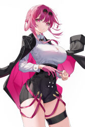 Rule 34 | 1girl, absurdres, alternate breast size, black jacket, black shorts, breasts, chinese commentary, collared shirt, commentary request, cowboy shot, eyewear on head, freeeeeeeeeee, glove pull, gloves, high-waist shorts, highres, honkai: star rail, honkai (series), jacket, kafka (honkai: star rail), large breasts, long hair, looking at viewer, open clothes, open jacket, purple eyes, purple gloves, purple hair, round eyewear, shirt, short shorts, shorts, sidelocks, simple background, single glove, skindentation, smile, solo, spider web print, sunglasses, teeth, thigh strap, white background, white shirt