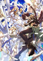 Rule 34 | 1boy, ahoge, armor, belt, bishounen, blue hair, boots, breastplate, brown hair, cape, commentary, commentary request, empty eyes, evil smile, falling feathers, feathered wings, feathers, fingerless gloves, from below, full body, gloves, gold trim, granblue fantasy, green cape, high heel boots, high heels, highres, holding, holding sword, holding weapon, hood, hood down, k4m, light particles, light rays, male focus, metatron (granblue fantasy), pants, sandalphon (granblue fantasy), short hair, smile, sword, tight clothes, tight pants, weapon, white armor, wings, yellow wings