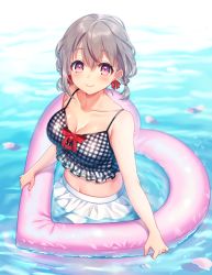Rule 34 | 1girl, bare arms, bare shoulders, bikini, bikini skirt, blurry, blush, breasts, cleavage, closed mouth, collarbone, crop top, depth of field, earrings, frills, grey hair, hair between eyes, heart-shaped innertube, innertube, jewelry, large breasts, looking at viewer, midriff, moyui (myi 005), navel, original, partially submerged, petals, pink eyes, plaid, plaid shirt, shirt, short hair, skirt, sleeveless, sleeveless shirt, smile, solo, spaghetti strap, swim ring, swimsuit, water, white skirt