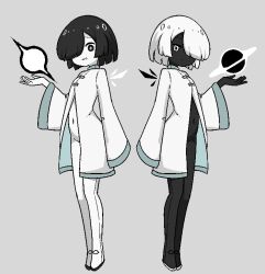 Rule 34 | 2others, androgynous, black eyes, black hair, black hole, black skin, chibikki, colored skin, commentary, detached wings, english commentary, grey background, hair over one eye, highres, jacket, looking at viewer, multiple others, naked jacket, navel, original, other focus, personification, simple background, standing, white eyes, white hair, white jacket, white skin, wide sleeves, wings