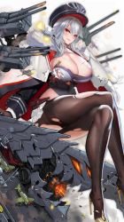 Rule 34 | 1girl, 504 gateway, aircraft, arm support, azur lane, bad id, bad pixiv id, black gloves, black jacket, black pantyhose, blush, bra, breasts, cleavage, cloak, closed mouth, commentary request, covered navel, crossed bangs, crossed legs, full body, fur-trimmed cloak, fur trim, gloves, graf zeppelin (azur lane), hair between eyes, hat, high heels, highres, jacket, large breasts, long hair, looking at viewer, military, military hat, military uniform, miniskirt, pantyhose, peaked cap, pleated skirt, purple eyes, red eyes, rigging, sidelocks, silver hair, simple background, sitting, skirt, solo, thighband pantyhose, torn bra, torn clothes, torn jacket, torn pantyhose, turret, underwear, uniform, very long hair, white background, white bra, white cloak, white skirt