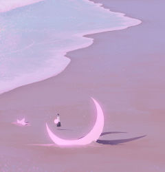 Rule 34 | 1girl, beach, crescent moon, glowing, moon, morncolour, ocean, original, sand, scenery, star (sky), surreal, water