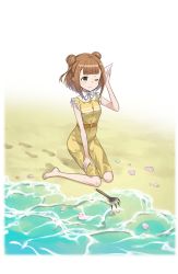 Rule 34 | 1girl, ;), barefoot, beatrice (princess principal), brown hair, double bun, dripping, feet, footprints, full body, hair bun, hand on own leg, hand up, highres, listening, ocean, official art, one eye closed, outdoors, princess principal, princess principal game of mission, sand, seashell, shell, shirt, short hair, shorts, sitting, smile, solo, toes, tools, transparent background, yellow shirt, yellow shorts