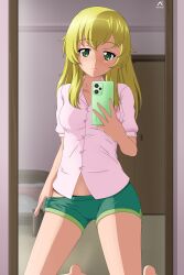 Rule 34 | 1girl, absurdres, acrux, artist logo, barefoot, bedroom, black panties, blonde hair, blouse, carpaccio (girls und panzer), cellphone, closed mouth, clothes pull, collared shirt, commentary, dated, english commentary, girls und panzer, green eyes, green shorts, half-closed eyes, highres, holding, holding phone, indoors, kneeling, light smile, long hair, looking at viewer, loungewear, micro shorts, mirror, panties, phone, pink shirt, reflection, selfie, shirt, short sleeves, shorts, shorts pull, smartphone, solo, underwear