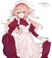 Rule 34 | 1girl, 2021, :d, alternate costume, antlers, apron, clothes lift, dated, dress, dress lift, genshin impact, green eyes, hair between eyes, heart, highres, horns, lifting own clothes, long hair, long sleeves, looking at viewer, maid, maid apron, maid headdress, open mouth, pink hair, puffy long sleeves, puffy sleeves, red dress, simple background, skirt, skirt lift, smile, solo, white background, yanfei (genshin impact), zumi tiri