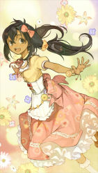 Rule 34 | 1girl, :d, alternate costume, alternate hairstyle, apron, atelier (series), atelier ayesha, black eyes, black hair, bow, corset, dress, female focus, flower, frills, hair bow, hidari (left side), highres, long hair, official art, open mouth, outstretched arms, pink dress, smile, solo, spread arms, tan, tanya volta, twintails