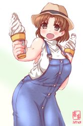 Rule 34 | 1girl, alternate costume, blush, breasts, brown eyes, brown hair, chiyoda (kancolle), food, hat, highres, ice cream, incoming food, kanon (kurogane knights), kantai collection, large breasts, long skirt, open mouth, shirt, signature, simple background, skirt, sleeveless, soft serve, white shirt
