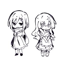 Rule 34 | 2girls, apron, arms behind back, boots, bright pupils, chibi, dress, enpera, greyscale, hair ornament, hairclip, kagerou project, kozakura marry, long hair, long sleeves, looking at viewer, looking to the side, monochrome, multiple girls, own hands together, scarf, shoes, sidelocks, sundress, tateyama ayano, v arms, very long hair, wenyu19 19