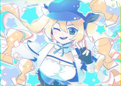Rule 34 | 1girl, artist name, black gloves, blonde hair, blue hat, commentary, cropped jacket, dokibird (vtuber), fingerless gloves, gloves, green eyes, hat, highres, indie virtual youtuber, jacket, jollyrose art, long hair, looking at viewer, open mouth, shirt, simple background, smile, solo, star (symbol), symbol-only commentary, trophy, twintails, upper body, virtual youtuber, w, white background, white jacket, white shirt