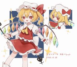 Rule 34 | 1girl, absurdres, ascot, bad id, bad lofter id, blonde hair, blue background, character name, crystal wings, cyano, dated, fang, feet out of frame, flandre scarlet, food, frilled shirt collar, frilled skirt, frilled vest, frilled wrist cuffs, frills, fruit, hat, hat ribbon, heart, heart-shaped pupils, highres, holding, holding food, holding fruit, holding watermelon, laevatein (touhou), looking at viewer, medium hair, mob cap, multiple views, one side up, open mouth, outline, outside border, puffy short sleeves, puffy sleeves, red eyes, red ribbon, red skirt, red vest, ribbon, short sleeves, skirt, skirt set, smile, sparkle, standing, symbol-shaped pupils, touhou, upper body, vest, watermelon, watermelon slice, white headwear, white outline, wrist cuffs, yellow ascot