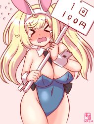 Rule 34 | &gt; &lt;, animal ears, artist logo, between breasts, blonde hair, blue leotard, breasts, covered navel, cowboy shot, crying, detached collar, fake animal ears, gambier bay (kancolle), gradient background, hairband, holding, holding sign, kanon (kurogane knights), kantai collection, large breasts, leotard, looking at viewer, necktie, necktie between breasts, one-hour drawing challenge, open mouth, pink background, playboy bunny, rabbit ears, rabbit tail, sign, signal, strapless, strapless leotard, tail, twintails, wrist cuffs