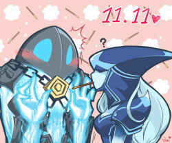 Rule 34 | 1girl, ?, artist name, blue eyes, blue hair, blue skin, blush, chain, colored skin, food, hands up, heart, hood, hood over eyes, league of legends, lissandra (league of legends), long hair, mouth hold, pocky, sweatdrop, xerath, yan531