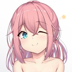 Rule 34 | 1girl, arata (xin), bad id, bad pixiv id, bare shoulders, blue eyes, blush, collarbone, commentary request, face, kagamihara nadeshiko, long hair, looking at viewer, one eye closed, pink hair, simple background, smile, solo, white background, yurucamp