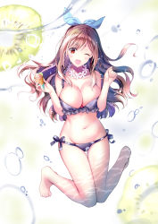 Rule 34 | 1girl, ;d, bare shoulders, barefoot, bikini, breasts, brown hair, caustics, cleavage, collarbone, commentary request, crepe, flower, flower necklace, food, fruit, full body, groin, hair ribbon, hands up, highres, holding, idolmaster, idolmaster shiny colors, jewelry, large breasts, long hair, looking at viewer, navel, necklace, one eye closed, open mouth, purple bikini, red eyes, rei (rei&#039;s room), revision, ribbon, side-tie bikini bottom, smile, solo, stomach, swimsuit, thighs, tsukioka kogane