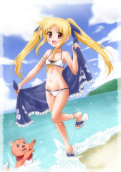 Rule 34 | 00s, 1girl, :d, anklet, arf, armlet, arms up, beach, bikini, blonde hair, blue eyes, blush, border, breasts, cloud, cross-laced clothes, day, dog, facial mark, fangs, fate testarossa, floral print, forehead jewel, forehead mark, frills, front-tie bikini top, front-tie top, full body, gem, groin, happy, highres, holding, jewelry, leg lift, long hair, looking at viewer, lyrical nanoha, mahou shoujo lyrical nanoha, neck ring, ocean, open mouth, outdoors, parted bangs, petite, red eyes, sandals, sarong, shinozuki takumi, shoe dangle, sidelocks, sky, small breasts, smile, sparkle, splashing, standing, standing on one leg, swimsuit, tiptoes, twintails, unworn sarong, water, white bikini