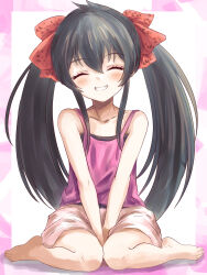 1girl bare_shoulders barefoot between_legs black_hair blush border bow camisole closed_eyes collarbone commentary_request full_body grin hair_bow hand_between_legs highres idolmaster idolmaster_cinderella_girls long_hair matoba_risa pink_shorts purple_camisole red_bow shorts sitting smile solo twintails wariza white_background yata_goyogyo