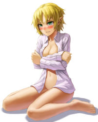 Rule 34 | 1girl, bad id, bad pixiv id, barefoot, blush, bottomless, breasts, covering privates, covering breasts, crying, dress shirt, embarrassed, female focus, full body, green eyes, half updo, kurione (zassou), mizuhashi parsee, naked shirt, navel, pointy ears, shirt, short hair, simple background, sitting, solo, tears, touhou, wariza, white background
