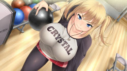 Rule 34 | 1girl, 3:, 3:&lt;, ball, blonde hair, blue eyes, bowling, bowling alley, bowling ball, breasts, brick wall, closed mouth, clothes writing, collarbone, cowboy shot, dutch angle, fingernails, from above, game cg, holding, impossible clothes, impossible shirt, indoors, jasmin (negligee), jewelry, kopianget, large breasts, leggings, long sleeves, miniskirt, necklace, negligee (game), pantyhose, pendant, plaid, plaid skirt, raglan sleeves, red skirt, serious, shirt, short hair, short twintails, sidelocks, skirt, solo, standing, tsurime, twintails, v-shaped eyebrows, wooden floor