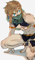 Rule 34 | 1boy, abs, arabian clothes, armlet, barefoot, blonde hair, blue eyes, bridal gauntlets, crossdressing, gerudo set (zelda), gloves, jewelry, link, looking to the side, male focus, mcbuckwheat, mouth veil, nintendo, nipples, pointy ears, see-through, solo, squatting, the legend of zelda, the legend of zelda: breath of the wild, toned, toned male, veil