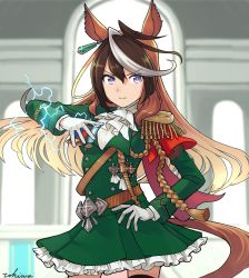 Rule 34 | 1girl, animal ears, artist name, ascot, black thighhighs, brown hair, buttons, cape, closed mouth, double-breasted, epaulettes, frilled skirt, frills, green jacket, hand on own hip, highres, horse ears, horse girl, horse tail, jacket, lightning, long hair, long sleeves, looking at viewer, medal, military, military uniform, multicolored hair, purple eyes, red cape, single epaulette, skirt, solo, streaked hair, symboli rudolf (umamusume), tail, thighhighs, tokiwa png, umamusume, uniform, very long hair, white ascot