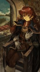 Rule 34 | 1girl, absurdres, armchair, armor, bag, black headband, blue sky, blush, book, cape, chair, cloud, coin, earrings, forest, gloves, hands on own hips, headband, highres, jewelry, kornod, lina inverse, long hair, looking at viewer, nature, orange hair, pauldrons, red eyes, river, rooftop, shoulder armor, simple background, sitting, sky, slayers, smile, solo, window