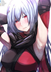 Rule 34 | 1girl, absurdres, armpit lips, armpits, arms behind head, arms up, artist name, black choker, black kimono, blush, breasts, choker, commentary request, crossed bangs, elbow gloves, frown, gloves, grey hair, hair between eyes, hair ornament, hairclip, head tilt, highres, japanese clothes, kasane randall, kimono, large breasts, looking at viewer, mixed-language commentary, multicolored clothes, multicolored kimono, ninja, red eyes, red kimono, scarlet nexus, shiny skin, simple background, solo, steaming body, sweat, sweatdrop, tomodachi (tomofanart), upper body, white background