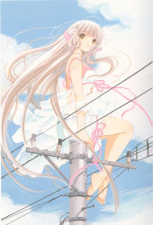 Rule 34 | 00s, 1girl, babydoll, barefoot, bloomers, brown eyes, camisole, chii, chobits, clamp, cloud, day, from below, from side, full body, hair tubes, highres, long hair, outdoors, pink ribbon, pole, power lines, ribbon, robot ears, scan, see-through, sitting, sky, smile, solo, strap slip, underwear, utility pole, very long hair, wind