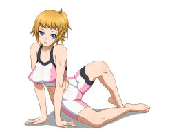 Rule 34 | 1girl, arm support, bare arms, barefoot, blonde hair, blue eyes, breasts, cameltoe, covered erect nipples, feet, female focus, full body, groin, gundam, gundam build fighters, gundam build fighters try, hoshino fumina, large breasts, legs, navel, nipples, open mouth, ponytail, see-through, short ponytail, shoujo donburi, simple background, solo, sports bra, sportswear, thighs, toes, white background