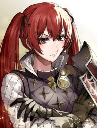 Rule 34 | 1girl, armor, black gloves, blush, closed mouth, crossed arms, delsaber, female focus, fire emblem, fire emblem fates, frown, gloves, hair between eyes, hair ribbon, leather, leather gloves, light particles, lips, long hair, long sleeves, looking at viewer, matching hair/eyes, nintendo, red eyes, red hair, ribbon, selena (fire emblem fates), shirt, shoulder armor, solo, straight hair, twintails, upper body, vest