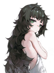 Rule 34 | 1girl, backless dress, backless outfit, bare arms, bare shoulders, black hair, blush, closed mouth, dino (dinoartforame), dress, from behind, green eyes, hand on own chest, highres, hiyajou maho, long hair, looking at viewer, looking back, simple background, solo, steins;gate, steins;gate 0, upper body, very long hair, white background, white dress