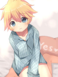 Rule 34 | 1boy, blonde hair, blue eyes, blush, child, highres, kagamine len, looking at viewer, male focus, meranoreuka (naokentak), oversized clothes, pajamas, short hair, sitting, sleeves past wrists, solo, vocaloid, yes-no pillow