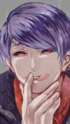 Rule 34 | 10s, 1boy, bad id, bad pixiv id, black sclera, blue hair, colored sclera, formal, highres, male focus, necktie, open mouth, pink eyes, purple hair, red eyes, short hair, smile, solo, suit, tokyo ghoul, tongue, tongue out, tsukiyama shuu, upper body