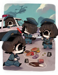 Rule 34 | 4girls, aircraft, black eyes, black hair, black necktie, burger, camera, car, cloud, colored skin, commentary, crime scene, cup, cyclops, disposable cup, drinking straw, english commentary, food, hat, helicopter, highres, holding, holding camera, holding tablet pc, lettuce, motor vehicle, multiple girls, necktie, one-eyed, onion, original, pickle, police, police car, police hat, police uniform, policewoman, pouch, spill, tablet pc, tomato, traffic baton, uniform, walkie-talkie, white skin, zombiemiso