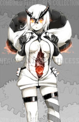 Rule 34 | 1girl, abyssal ship, asymmetrical horns, black gloves, black horns, black panties, breasts, character name, colored skin, copyright name, cracked skin, gears, gloves, glowing, glowing eyes, grey background, hair between eyes, heavy cruiser princess, hood, horns, kantai collection, large breasts, looking at viewer, mechanical parts, orange eyes, oso (toolate), pale skin, panties, parted lips, simple background, single thighhigh, sleeveless, solo, striped clothes, striped thighhighs, thighhighs, turret, underwear, uneven horns, white hair, zipper