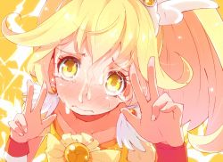 Rule 34 | 10s, 1girl, blonde hair, blush, bow, cum, cure peace, double v, eyelashes, facial, hair flaps, hato haru, kise yayoi, magical girl, precure, smile precure!, solo, tears, v, yellow bow, yellow eyes, yellow theme