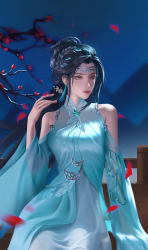Rule 34 | 1girl, absurdres, artist request, black hair, blue dress, branch, doupo cangqiong, dress, earrings, expressionless, falling petals, hair bun, hair ornament, hand up, highres, jewelry, long hair, looking to the side, night, petals, railing, second-party source, sitting, solo, tassel, tassel earrings, yun yun (doupo cangqiong)