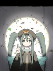 Rule 34 | 1girl, black dress, black hat, blue hair, bug, bug miku (project voltage), closed mouth, creatures (company), dress, fake wings, game freak, hair between eyes, hat, hatsune miku, highres, insect, long hair, long sleeves, looking at viewer, moth, nintendo, oladohamm, pokemon, project voltage, solo, spotlight, twintails, upper body, v, very long hair, vocaloid, wings
