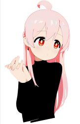 Rule 34 | 1girl, absurdres, ahoge, black sweater, closed mouth, cropped torso, earrings, hair between eyes, highres, interlocked fingers, jewelry, jiryu50610218, long hair, long sleeves, onii-chan wa oshimai!, own hands together, oyama mahiro, pink hair, red eyes, simple background, solo, sweater, turtleneck, turtleneck sweater, upper body, white background