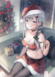 Rule 34 | 1girl, black pantyhose, blurry, blurry background, bow, box, braid, breasts, christmas, christmas ornaments, christmas tree, cleavage, closed mouth, commentary request, depth of field, gift, gift box, green bow, grey eyes, grey hair, groin, hair bow, hat, indoors, long hair, looking at viewer, medium breasts, midorikawa you, navel, night, on chair, original, pantyhose, red hat, red skirt, santa costume, santa hat, single braid, sitting, skirt, smile, solo, star (symbol), striped, striped bow