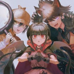 Rule 34 | 1girl, 2boys, :o, animal ears, black gloves, black hair, brown hair, cape, claw pose, claws, commentary, danganronpa (series), danganronpa v3: killing harmony, deerstalker, detective, dress, eyelashes, facial hair, fur-trimmed gloves, fur trim, gloves, goatee, grey background, hairband, harukawa maki, hat, highres, holding, holding magnifying glass, horns, long hair, magnifying glass, mole, mole under eye, momota kaito, multiple boys, one eye closed, open mouth, orange vest, purple eyes, red dress, red eyes, saihara shuichi, scrunchie, short hair, short sleeves, simple background, smile, symbol-only commentary, teeth, twintails, upper body, upper teeth only, vest, visket53, wolf ears, yellow eyes