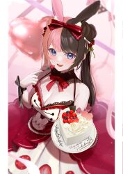 Rule 34 | 1girl, absurdres, balloon, bare shoulders, beads, black hair, blue eyes, blush, bow, bowtie, breasts, brown collar, brown dress, cake, cleavage, collar, double bun, dress, food, fork, fruit, hair bow, hair bun, happy birthday, heart-shaped cake, highres, horo 27, lace, lace-trimmed dress, lace trim, large breasts, looking at viewer, multicolored hair, open mouth, pink hair, plate, red bow, red bowtie, red dress, smile, solo, split-color hair, strawberry, swept bangs, tachibana hinano (vtuber), twintails, two-tone dress, two-tone hair, virtual youtuber, vspo!, white dress, wrist bow