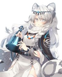 Rule 34 | 1girl, animal ear fluff, animal ears, arknights, bad id, bad twitter id, bead necklace, beads, bell, black capelet, blush, braid, capelet, commentary, cowboy shot, dress, grey eyes, hair between eyes, head chain, highres, holding, holding bell, jewelry, leopard ears, leopard tail, long hair, looking at viewer, necklace, parted lips, pramanix (arknights), satou kibi, silver hair, simple background, single braid, solo, standing, tail, thighhighs, white background, white dress, white thighhighs